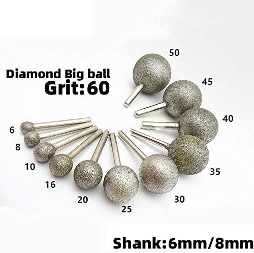 1Pcs 6mm/8mm Shank Spherical Head Diamond Grinding Bit Coated Mounted Points Round Ball Burs Coarse For Stone Drill Metal,25mm (6mm shank)