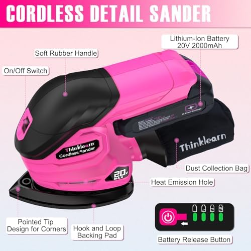 Cordless Detail Sander for Woodworking, 20V Electric Hand Sander for Wood Furniture, Compact Mouse Sander Tool with 2Pcs Batteries, Charger, Sandpapers, and Bag