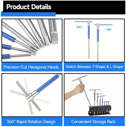 8 Pcs T Handle Hex Wrench Set, Chrome Vanadium Steel Metric Allen Key Kit with Storage Rack, 2-10 mm, Sliding Handle & Rotating Sleeve Design for Auto, Bicycle, Motorcycle Repair & Furniture Assembly
