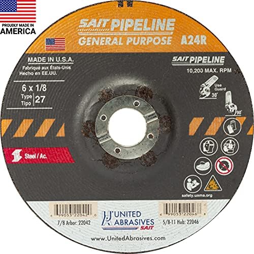 United Abrasives-SAIT 22042 A24R General Purpose Pipeline Wheel (Type 27 Depressed Center) 6" x 1/8" x 7/8", 25-Pack
