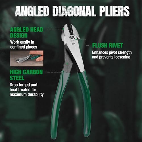 SK Tools USA 5-Piece Pliers Set, Clamping & Cutting Pliers, Roll-Up Pouch | 6" Slip Joint Pliers, 7" & 10" Groove Joint Pliers, 8" Long Nose & Angled Diagonal Pliers, High Carbon Steel, Padded Handle