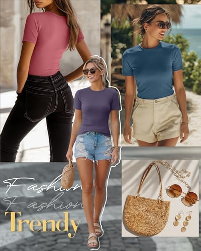 Ficerd 3 Pack Women's Ribbed Short Sleeve T-Shirts