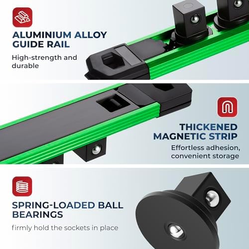 Reniteco Magnetic Socket Organizer, 1/4” Aluminum Alloy Rail, 14 Clips | Heavy-Duty Socket Rails, Removable 360° Swivel ABS Clips, Magnetic Base, Tool Box Drawer or Wall Mount