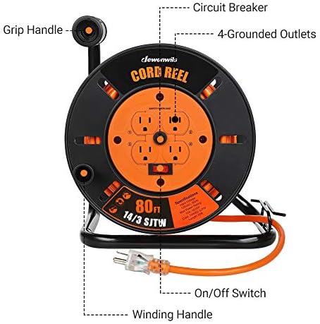 DEWENWILS Retractable Extension Cord Reel, Open Cord Reel with 80FT Cord