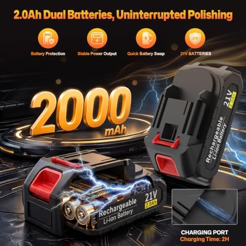 8-Speeds Cordless Car Buffer Polisher Kit (31PCS), 21V 2*2000mAh Batteries