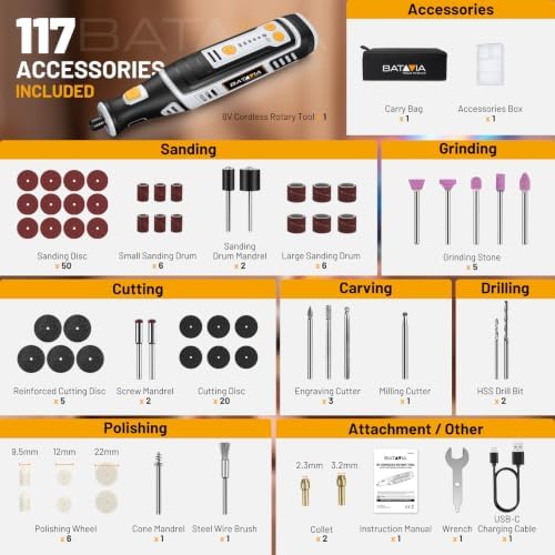 BATAVIA 8V Cordless Rotary Tool, 5 Speed 117PCS Kit for Engrave/Sand/Drill