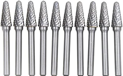 10Pcs/set 3/8 Dia.Rounded Tapered Cone Burrs Heavy Duty Solid Carbide Grinding Heads Chamfering Abrasion Industrial Deburring Rotary Tools for Hard Steel Metal Metalworking