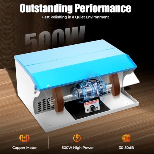 500W Jewelry Polisher, Bench Polishing Buffing Machine with Infinitely Adjustable Speed & Light, 0-10000Rpm & Low Noise, Dust Collector Bench Top Polisher for Jewelry Aluminum Chrome Acrylic Etc