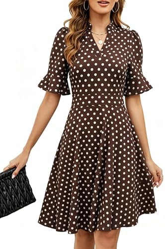 Mokayee Womens Summer V Neck Ruffle Short Sleeve Fit and Flare Knee Length Church Wedding Guest Dresses with Pockets