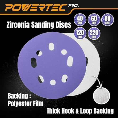 POWERTEC PRO 50PK, 5 Inch Sanding Discs Hook and Loop, 40/60/80/120/220 Grit, Zirconia Orbital Sander Sandpaper for 5 & 8 Hole Random Orbital Sanders-Automotive, Paint, Metal, Woodworking (45300Z-50)