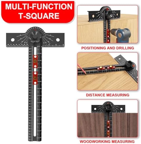 Woodworking T Square Ruler, 13.5 Inch Adjustable Angle 15-165° Measurement Tool, Aluminum Alloy, Precision Drilling Positioning Guide for Carpentry, Drafting, Contractor, Scribe Crafting, Drywall