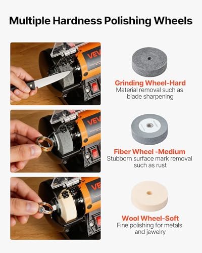 VEVOR Bench Buffer Polisher, 8300-10600 RPM Adjustable Speed, Polishing & Buffing Machine with Grinding, Fiber, and Wool Wheels, 100-Piece Accessory Kit, for Jewelry, Wood, Metal, Raw Stone, Jade DIY