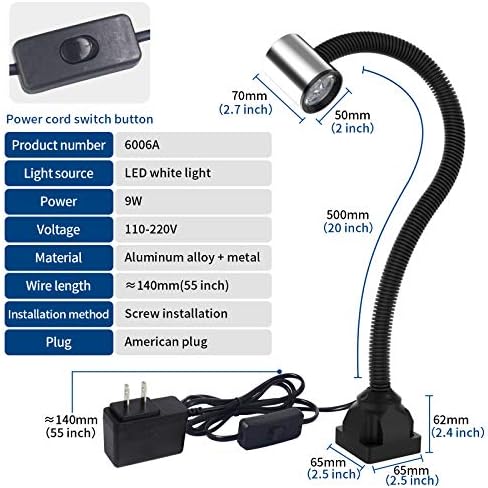 Led Machine Work Light, IP65 Water Proof Flexible Gooseneck Lamp 900 Lumens 120 Volt for Lathe Milling Drill Press Industrial Lighting, Install With Screws