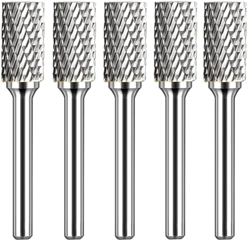 Carbide Burr Set 1/4" Shank SB-3 Die Grinder Bits Tungsten Double Cut Burr Bits (3/8" Cutter Dia X 0.86" Cutter Length) for Die Grinder Kits Metal Grinding Drilling Polishing (5pcs)
