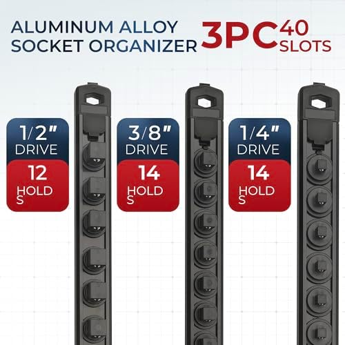 Reniteco Magnetic Socket Organizer Set, 3-Piece 1/2" 3/8" 1/4" Drive Aluminum Alloy Socket Holder with 40PC 360° Swivel Removable Clips, Magnetic Socket Rail for Tool Box Drawer, Black