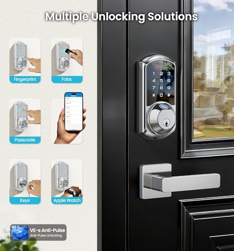 Veise VE07-L Fingerprint Smart Lock with 2 Lever Handles Set, Satin Nickel | 8-in-1 Keyless Entry for Front Door, App & Fob Control, Remote Access Sharing, Electronic Touchscreen Deadbolt, Auto Lock