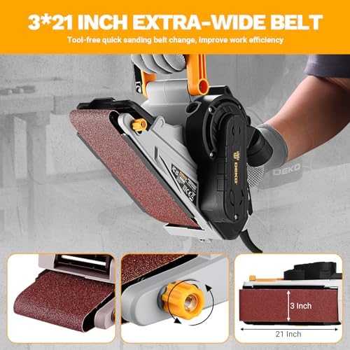 Belt Sander Corded: DEKOPRO 8.4A Belt Sander Handheld with Dust Bag & 2 Metal C Clamps, 1010W 3×21-Inch Power Belt Sanders with Variable-speed Control for Woodworking