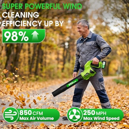 Leaf Blower Cordless, Brushless Blower 850 CFM 250 MPH with 2 Batteries