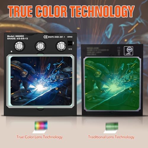 TRQWH Welding Helmet Auto Darkening Large Viewing True Color Solar Powered Welding Mask with 4 Arc Sensor Adjustable Wide Shade Range 4~5-8/9-13 Welder Mask with Grinding