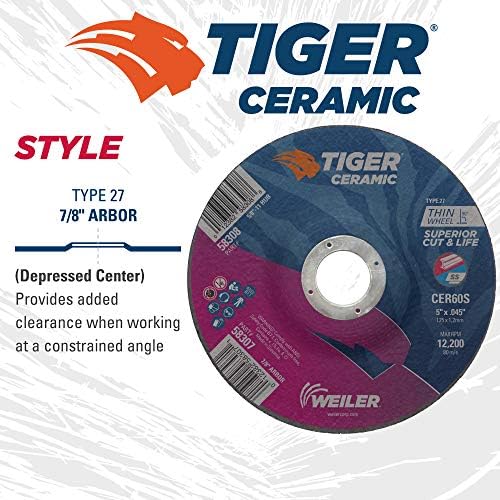Weiler 58307 5 Inch Cutting Wheel, Tiger Ceramic Stainless Steel Superior Life & Cut Contaminant Free Max Performance Cutting, .045" CER60S Type 27 7/8" Arbor, Pack of 25