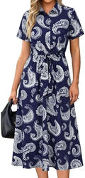 Newshows Women's Work Business Casual Outfits Tie Waist Midi Shirt Dress