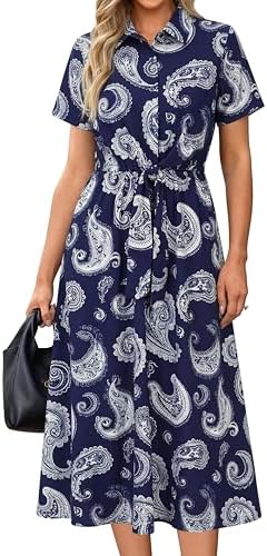 Newshows Women's Work Business Casual Outfits Tie Waist Midi Shirt Dress