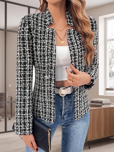 Mina Self 2026 Fall Women's Open Front Tweed Blazer,Plaid Fitted Jacket