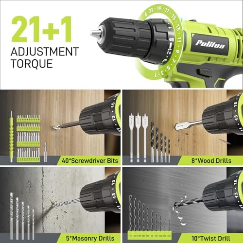PULITUO 199-Piece Power Tool Set with 20V Cordless Drill Driver, Electric Screwdriver, 2 Batteries, Charger, LED Light and Toolbox, Home DIY Drill Set for Women and Men(Green)