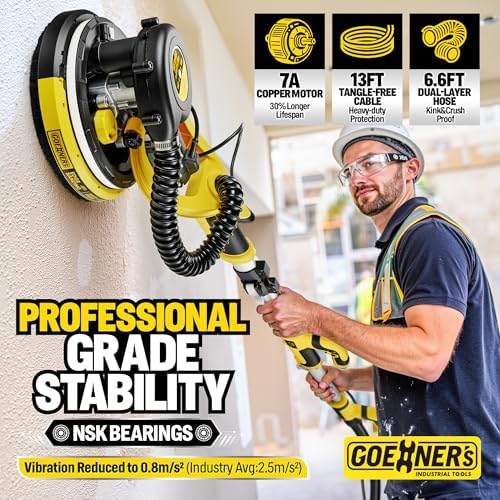 Drywall Sander, Electric Drywall Sander with Vacuum, Automatic Dust Removal, 7 Variable Speed, 900-1800RPM, 26’ Power Cord, Labor-Saving Handle and Patented Fixture for Ceiling Sanding, LED Light