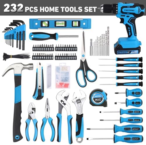 FASTPRO Home Tool Set with Drill, Household Repairing Tool Kit, Blue