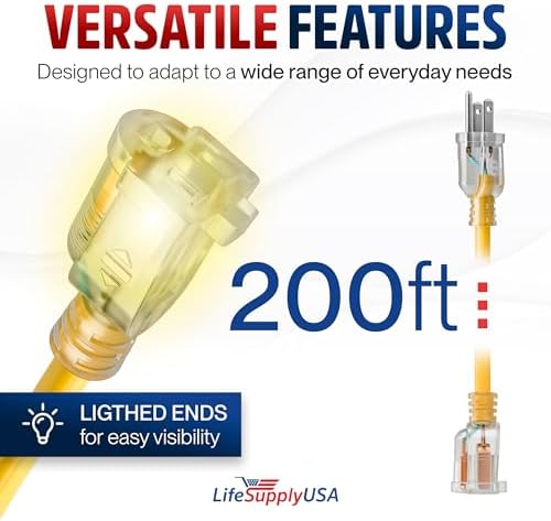 200ft Outdoor/Indoor Extension Cord 14/3 Gauge Heavy Duty 3 Prong SJTW, Waterproof, Flexible Cold-Resistant Long Power Cord,7A 125V 875W, Yellow by LifeSupplyUSA