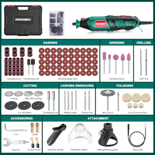 HYCHIKA 6 Variable Speed 8000-35000RPM Rotary Tool Kit 4 Attachment and 169 PCS Accessories, Ideal for a Variety of Crafting and DIY Projects Cutting, Sanding, Grinding, Polishing, Drilling, Engraving