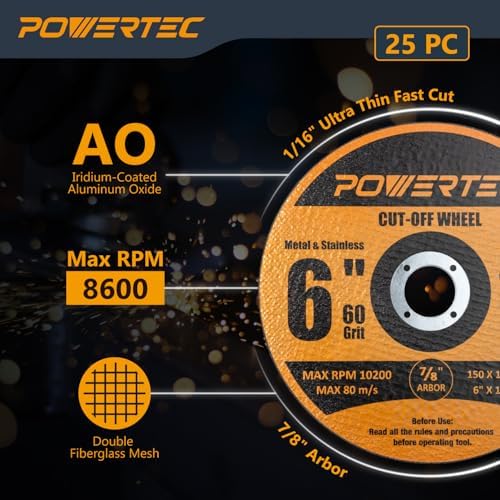 POWERTEC Cut Off Wheels 25 Pack, 6" Aluminum Oxide 60 Grit (14021)