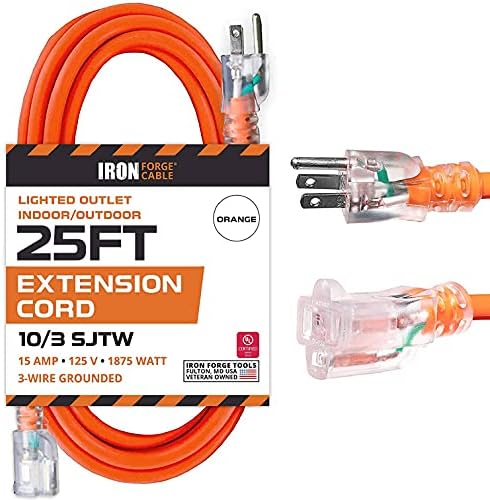 Iron Forge Cable 10 Gauge Extension Cord Heavy Duty, 25 Ft - Orange SJTW