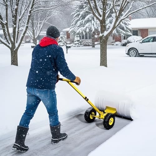 VINGLI Snow Pusher Shovel with Wheels, 29" Adjustable Ergonomic T-Handle Snow Plow for Driveway, Heavy Duty Wheeled Rolling Shovels for Snow Removal, Angle Adjustable (White & Yellow) (29"x18")