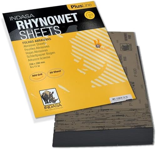 Indasa 50 PCS 9x11” Rhynowet Wet & Dry Sandpaper Sheets, 800 GRIT, Clog-Resistant Abrasive for Wood, Metal, Auto, Paint & Clear Coat Finishing, Sand Paper Silicon Carbide, Plusline