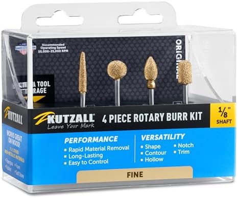 Kutzall 4-Piece Rotary Burr Kit - 1⁄8" Shaft, Fine - Wood Carving Bits for Dremel, Foredom, Ryobi, DeWalt, Milwaukee Tools - Structured Tungsten Carbide