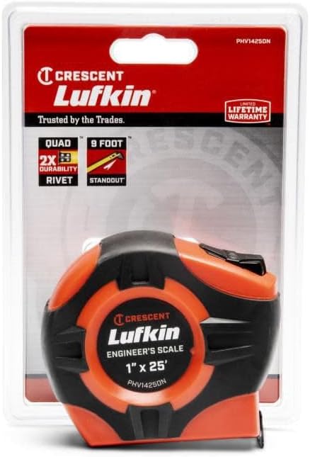 Crescent Lufkin 1" x 25' P1000 Series Hi-Viz® Orange Engineer's Yellow Clad A4 Blade Power Return Tape Measure - PHV1425DN