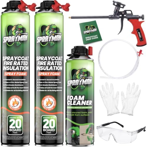 Sprayman Spraycoat Fire Rated Spray Foam Insulation Kit 40 Sq Ft (2x27.1oz) High R-Value (11.32 / 2in) Heat & Noise Reduction, Closed Cell Foam for Wall & Attic - Gun, Cleaner & Safety Gear, 2 Pack