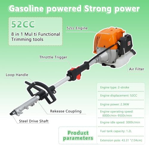 8 in 1 Weed Eater Gas - 52CC 2-Stroke Gas Pole Saw Hedge Trimmer Combo