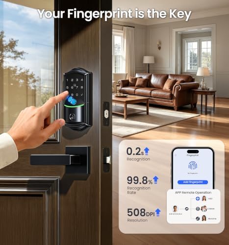 Veise VE027-L WiFi Smart Lock with Handles Set for Front Door, Matte Black | Remote APP Control, Fingerprint Voice & Fob Unlock, Touchscreen Keyless Entry Door Lock with Lever, No Hub Need, Auto Lock