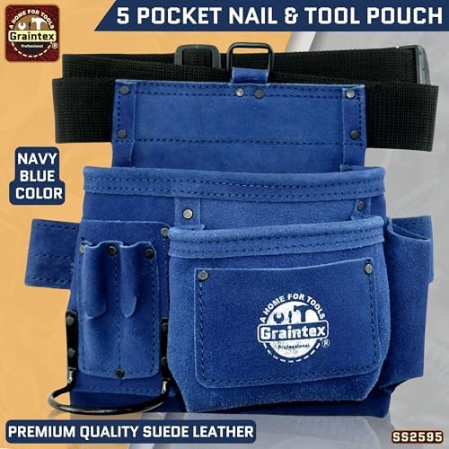 Graintex 5 Pocket Suede Leather Tool Belt/Bag, Multipurpose Leather Tool Belt for Women and Men, Ideal for Construction, Electrician, Handymen, Carpenter, Gardening Pouch & DIY Projects