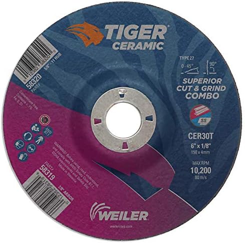 Weiler 58319 6 x 1/8 Tiger Ceramic Type 27 Cut Off/Grind Combo Wheel CER30T 7/8 A.H. (Pack of 25)