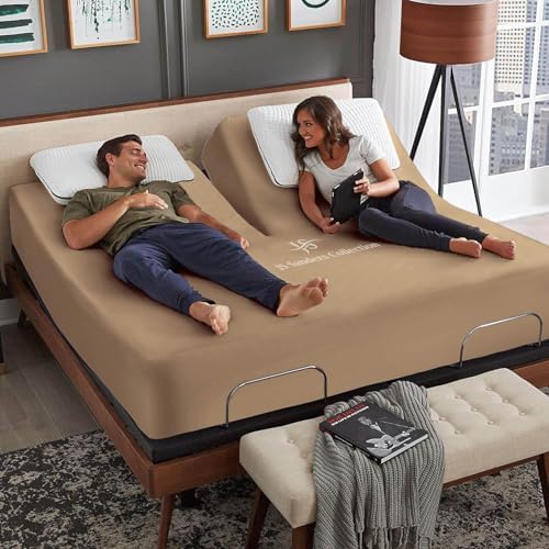 JS Sanders Collection 600TC Flex Top Queen Sheets for Sleep Number Bed - 100% Cotton 4 Pcs Top Split Queen Sheets for Adjustable Bed Queen 32 Inch Down Taupe -18 Inch Deep