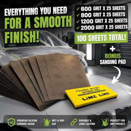 LiME LiNE Sanding Sheets 25 Pack, Automotive Grade Silicon Carbide Wet or Dry Sand Paper (Combo with Sanding Pad)