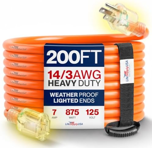 200ft Outdoor/Indoor Extension Cord 14/3 Gauge Heavy Duty 3 Prong SJTW, Waterproof, Flexible Cold-Resistant Long Power Cord,7A 125V 875W, Orange by LifeSupplyUSA