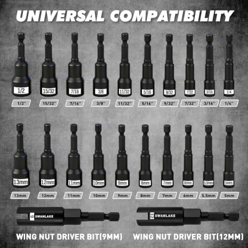 22-Piece Magnetic Nut Driver Set, Metric & SAE (5-13mm & 3/16"-1/2"), 1/4" Hex Shank Impact Bit Set, Wing Nut Driver Bits, Magnetic Aluminum Storage Rail