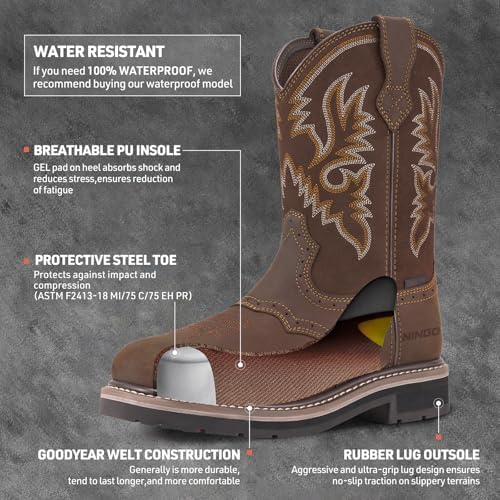 HISEA NINGO Steel Toe Work Boots for Men Square Toe Cowboy Boots Soft Toe