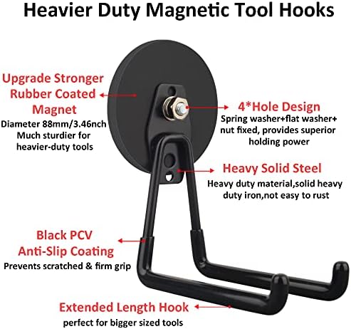 ULIBERMAGNET Strong Magnetic Ultimate Hooks,Large Magnet with Hooks for Heavy Duty Tools,Jig Saw,Hose, 2 Pack Heavy Duty Magnetic Hooks for Hammer Drill,Circular Saw,Garden Tool(3.46inch/Black)