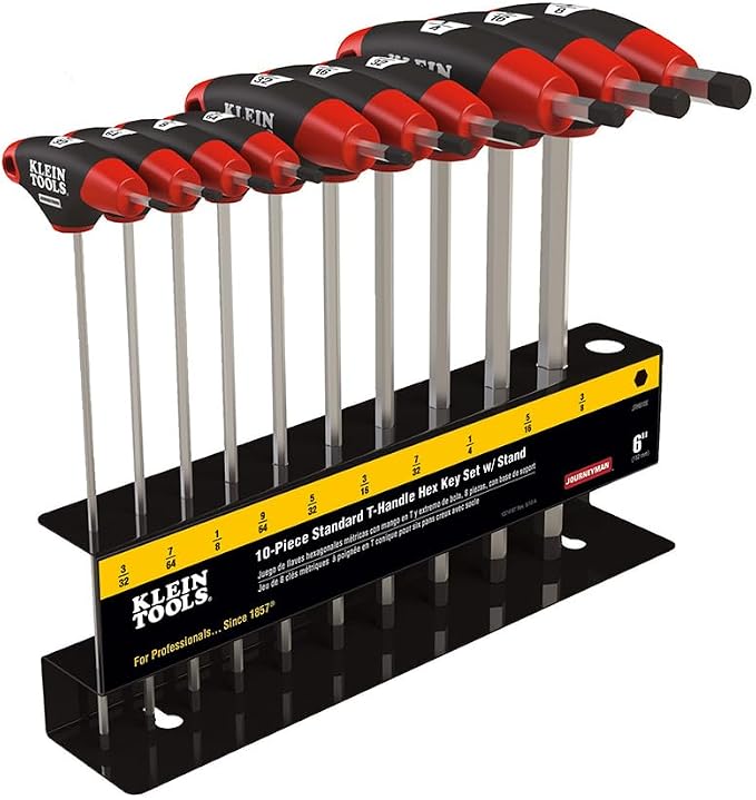 Klein Tools 10-Piece SAE Inch T-Handle Hex Key Set with Stand and 8-Piece Metric Ball End T-Handle Hex Key Set
